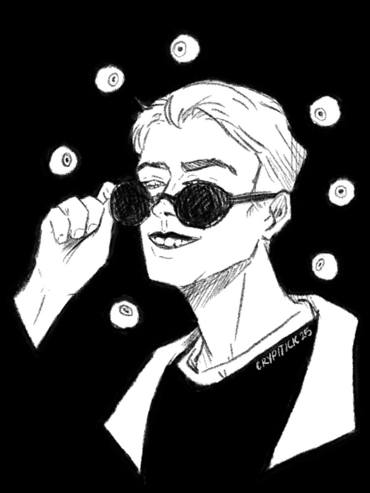A black and white sketch of Corinathian from the Sandman show. Hes pulled his blackout sunglasses down his nose and is looking over them. Instead of his eyes however, he has smaller sets of teeth in his eye sockets. Hes grinning almost unnervingly. His hair is short, brushed back and shaved down at the sides. Hes holding the arm of his glasses in a pinch between his thumb and index finger. Hes wearing an implied tshirt and collar jacket, only the collar of both are drawn before it becomes part of the black background. 
Floating around him are seven loose eyeballs that are either looking at the viewer or corinthian.