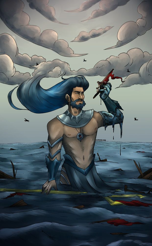 In the middle of somewhat calm but still dark waves, trashed with broken parts of shipwrecks, is Poseidon.
 He is massive, his hair twisting from dark grey to blue to light grey and intertwining with the clouds above him as they circle the scene below. He has tan skin, a muscular figure, and a blue beard. Around his neck hangs thick silver banded neck armor, shining in the cloud break. From underneath that hangs a pendant of the cyclops eye. Both arms have at least one silver arm band, as well and teal bracers adorned with tuna like fins. His left arm has been cut off just above the bicep, replaced with one made of thrashing water. In this specific rendition the water of his arm is filled with pieces of the bodies of odyssesus' crew and their armor and weaponry. 
In that hand, he holds up a small raft with a broken mast and a ripped up red flag. On the raft kneels Odysseus, clinging to what remains of the mast. And holding tight to the wind bag. 
Poseidon is glaring at the small odysseus, offering him no mercy in the wreckage of his crew. 