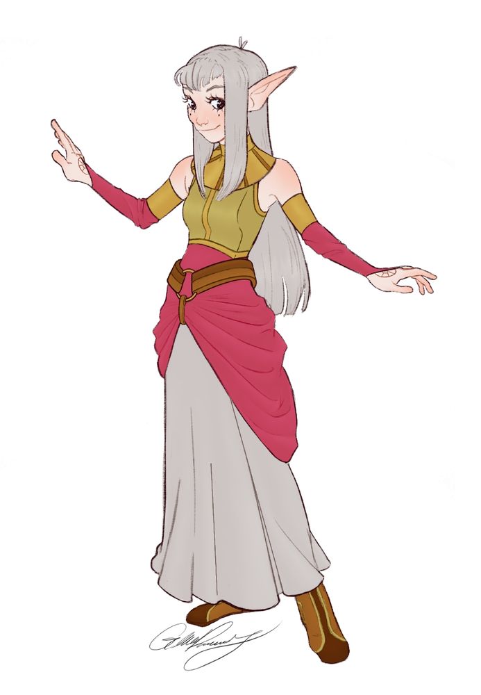 Drawing of an Elf for the game dungeons and dragons posing in gold and red armor 