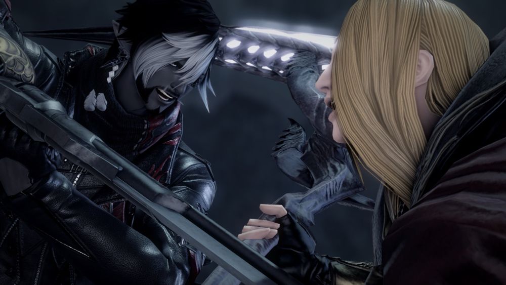 Elezen Warrior of Light fighting Zenos in close combat. 