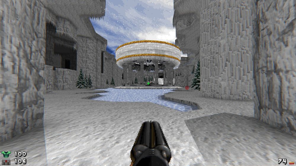 An icy arena in the middle of a canyon. In the center lies a beautiful ruin outlayed in gold ornamental designs as well as green pines.