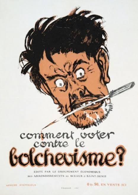 Visage un homme qui fait peur avec la phrase : comment voter contre le bolchevisme 