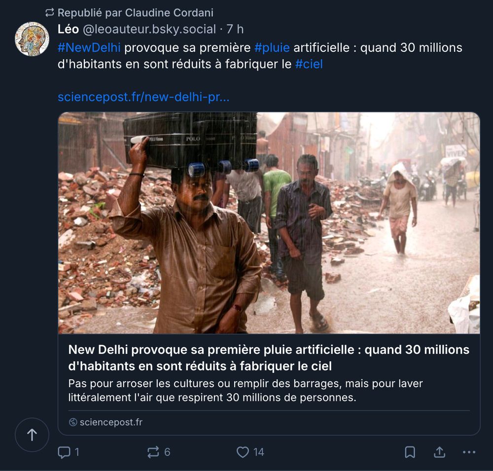 Republié par
Claudine Cordani
‪Léo‬
 ‪@leoauteur.bsky.social‬
· 7 h
#NewDelhi provoque sa première #pluie artificielle : quand 30 millions d'habitants en sont réduits à fabriquer le #ciel

On voit une personne en inde qui se protège de la pluie avec une valise.