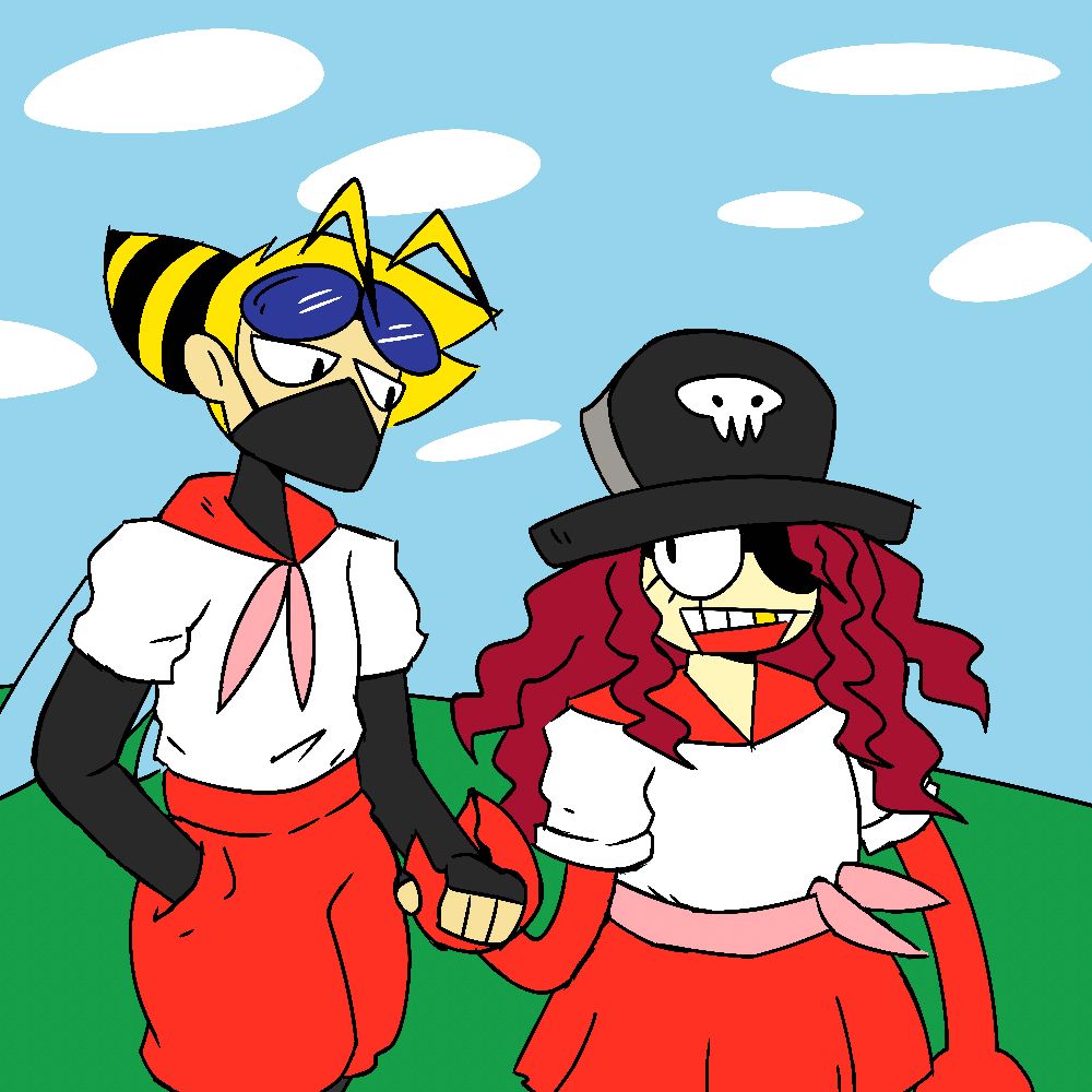 Shino Bee and Crabella (from Sparkle on, Raven!) holding hands.