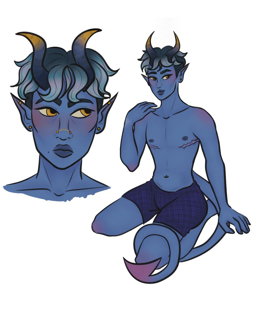 A portrait & sitting pose of a light blue tiefling. He has iridescent light blue hair, dark blue and gold horns and is wearing gold earrings and nose chain.