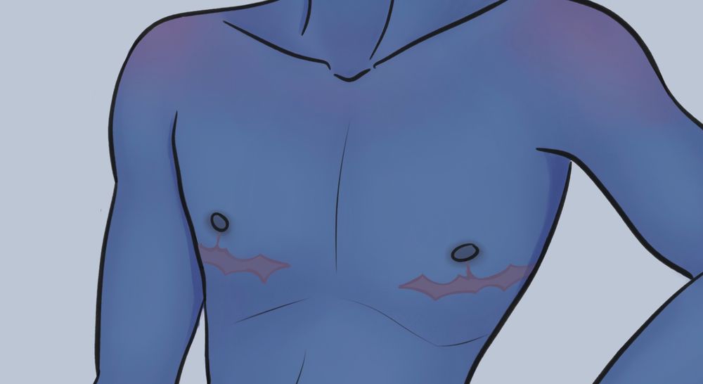 Close up drawing of Iris’s chest. He has light purple top surgery scars 
