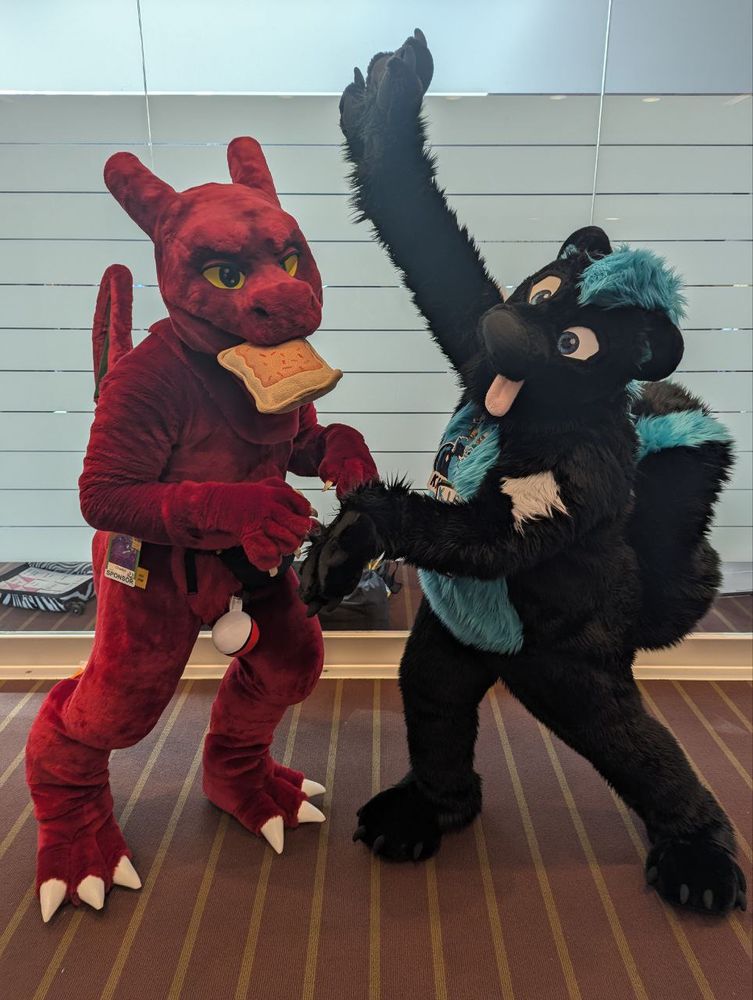 Charkol (he/him), a charizard fursuit, is posing with Kiba (she/they), a blue and black skunk. Charkol has a plushie of a poptart in his mouth