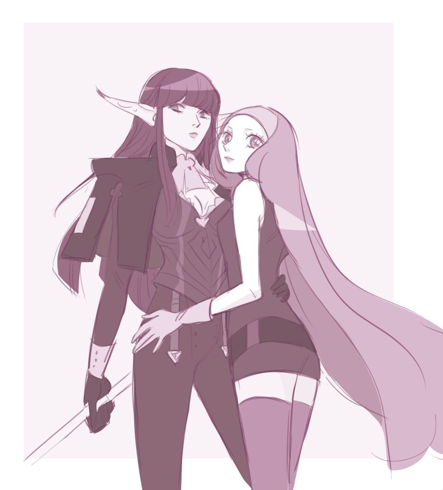 hulkenberg and junah from metaphor: refantazio. hulkenberg looks cool holding what seems to be her halberd, which the artist was too lazy to draw properly. junah is hanging off of her because they're in love