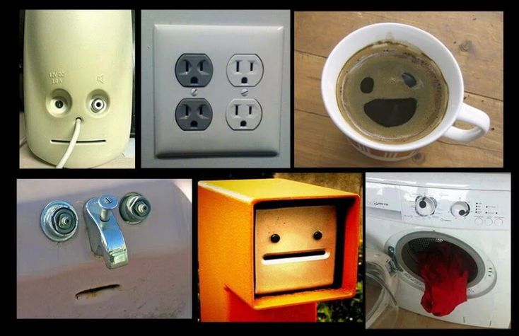 Various images of objects, such as washing machines, plug sockets, and taps, that resemble faces. 