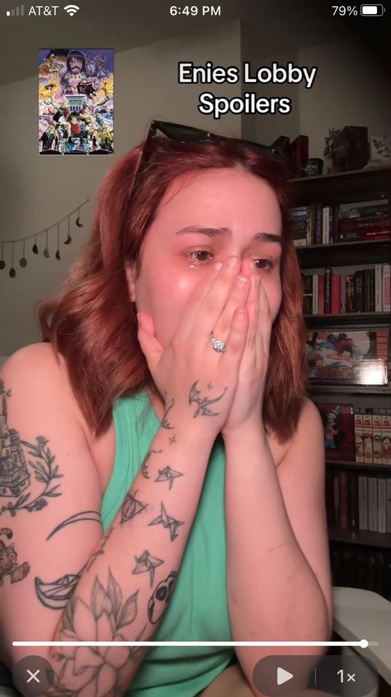 Tiktok with text saying “enies lobby spoilers” and a woman crying her eyes out