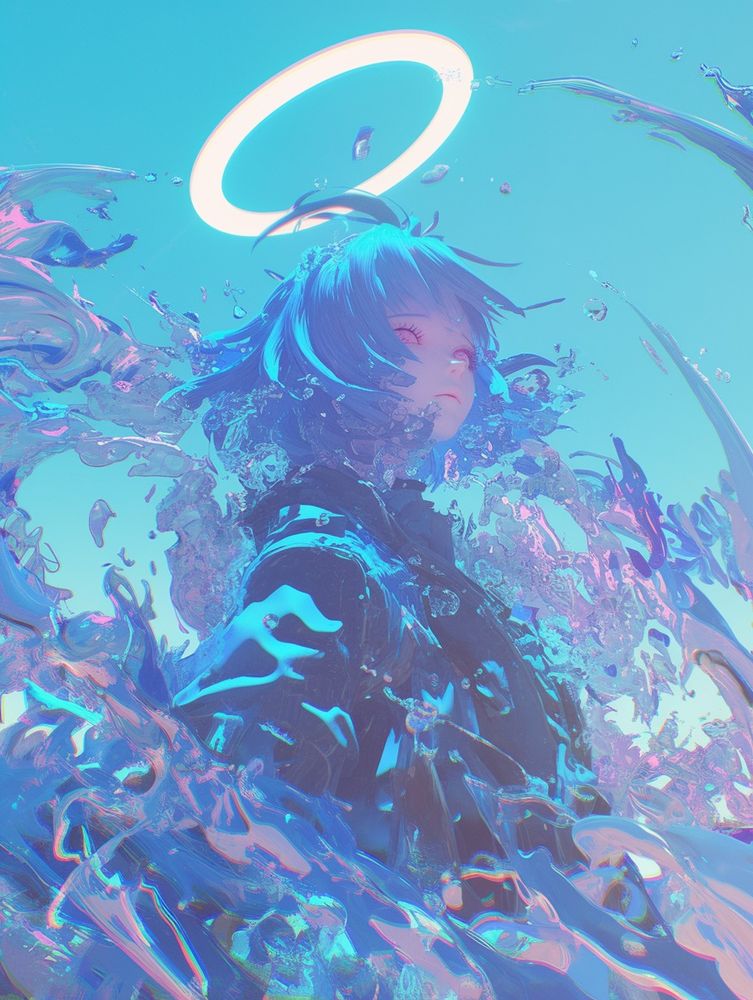 A person with short, blue hair stands calmly with eyes closed, surrounded by swirling splashes of liquid frozen mid-motion. A glowing halo hovers above their head, adding to the serene, dreamlike feel. The colors are soft blues and pinks, blending together against a clear sky, creating an ethereal, almost otherworldly atmosphere.