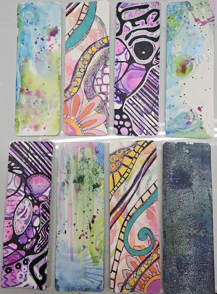 Hand painted bookmarks in progress. Mixed media. 