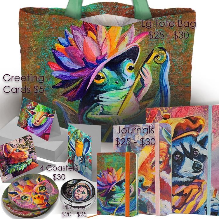 A mock up of a selection of merchandise options with my art printed on them. Included are journals, a big tote bag, coasters, a pill case, and greeting cards. 