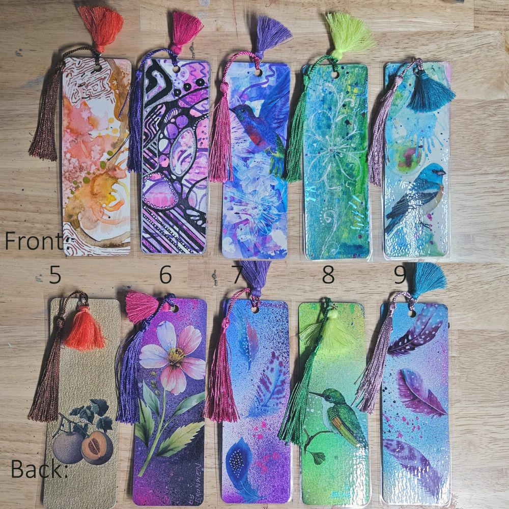 Hand painted/drawn laminated bookmarks with stickers and tassels 