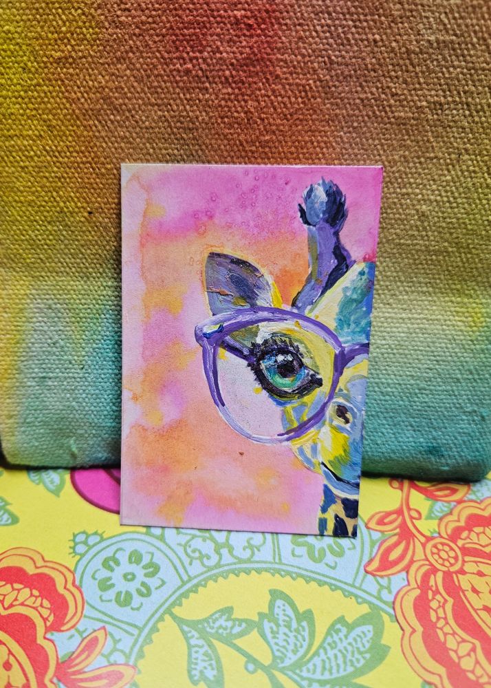 Tiny acrylic painting of a cute giraffe wearing glasses