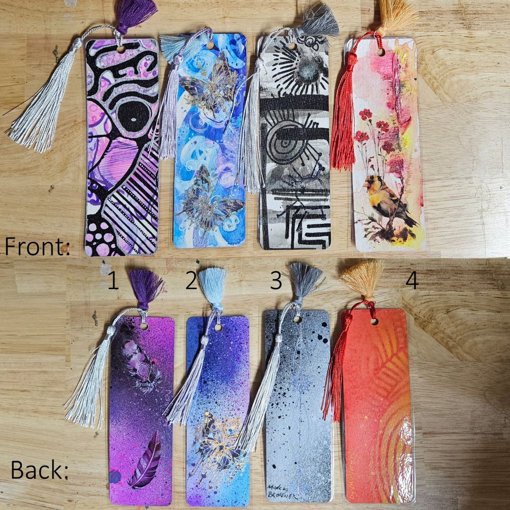 Hand painted/drawn laminated bookmarks with stickers and tassels 
