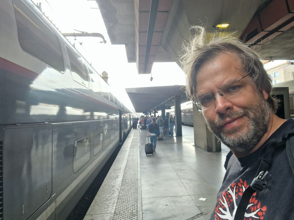 Me, besides a TGV at Marseille main train station. There is a bit of flare from the sky. 