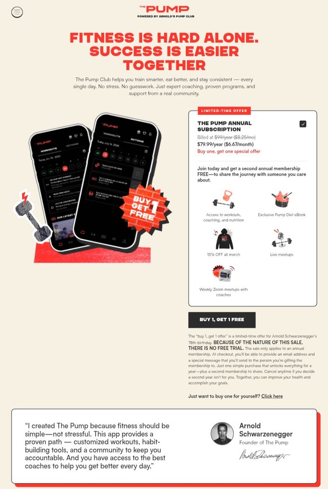Pump Club fitness app special offer: buy one get one free this week.