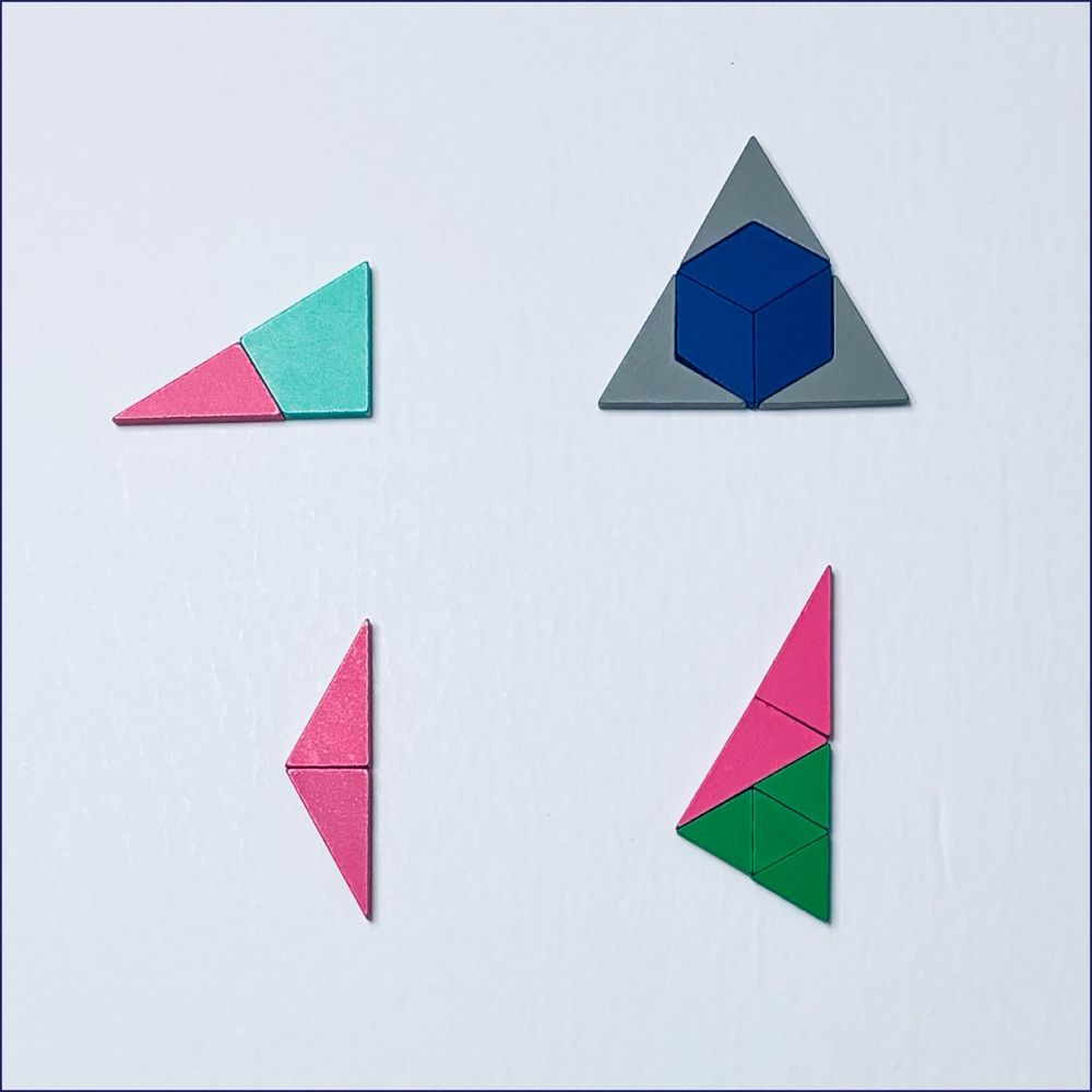 This image shows four unique triangles created using 21st Century Pattern Blocks. The top left displays a right triangle, constructed with a teal kite and a pink triangle. The top right features an equilateral triangle, formed using three gray darts and three blue rhombuses. The bottom left shows an isosceles triangle, made from two pink triangles. Finally, the bottom right shows a right triangle, constructed with two pink triangles and four green triangles.