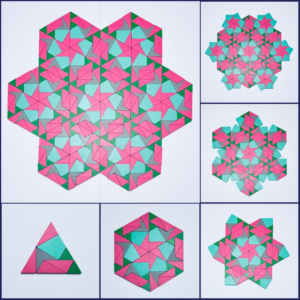 The main image in the top left shows a radial design created with 21st Century Pattern Blocks. It was built by arranging six regular hexagons around a central hexagon. All seven hexagons share the same composition and have 4” sides. The first image along the bottom shows a scaled-up equilateral triangle which is used to create the regular hexagon (with 4” sides) shown in the second image. The triangle is made of 1 gray dart, 1 teal kite, 2 green triangles, and 4 pink triangles. The three images on the right show the progression of the design.