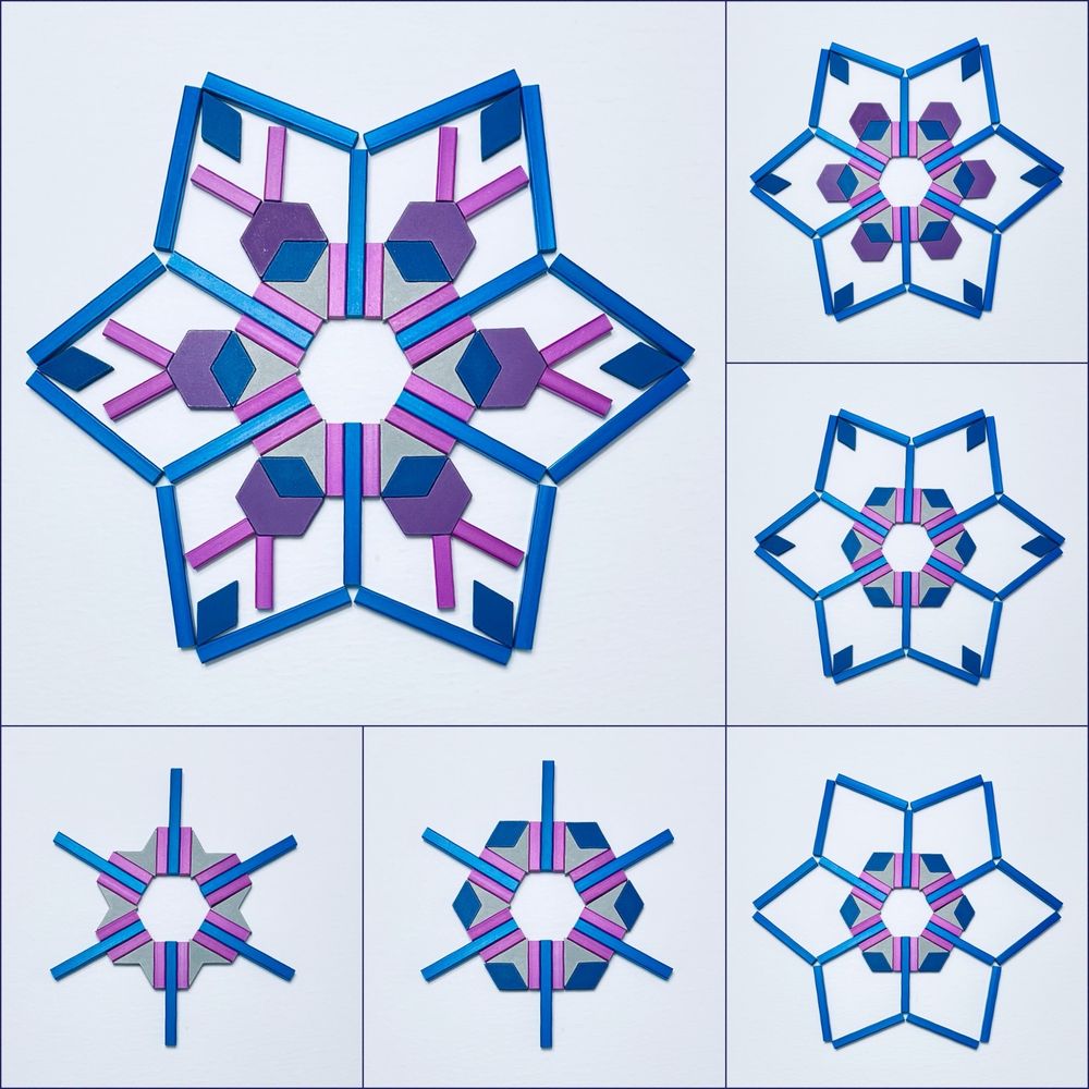 The main image shows a snowflake design created by combining 21st Century Pattern Blocks with Cuisenaire rods. The images are arranged in a 3 by 3 grid, with the top-left four squares merged to showcase the completed snowflake. The bottom and right-side images show the progression of the design.