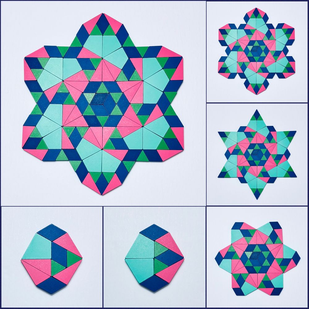 The main image in the upper left corner shows a radial design created with 21st Century Pattern Blocks. The design begins with six octagons arranged around a central star. Each octagon uses the same block arrangement in the first layer. Surrounding this, a second layer consists of 6 additional octagons, constructed using a different block arrangement. The first two images along the bottom show the two distinct octagons used in the design. The first octagon is made up of 1 teal kite, 2 green triangles, 3 blue rhombuses, and 4 pink triangles. The second octagon is made up of 2 pink triangles, 2 green triangles, 2 teal kites, and 3 blue rhombuses. The three images on the right show the progression of the design.