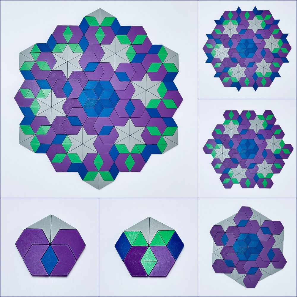The main image in the upper left corner shows a radial design created with 21st Century Pattern Blocks. The design begins with six heptagons (rotated sideways) arranged around a central hexagon. Each heptagon uses the same block arrangement in the first layer. Surrounding this, a second layer consists of 12 additional heptagons, constructed using a different block arrangement. The first two images along the bottom show the two distinct heptagons used in the design. The first heptagon is made up of 1 blue rhombus, 2 gray darts, and 4 purple rhombuses. The second heptagon is made up of 2 blue rhombuses, 2 purple hexagons, 2 gray darts, and 6 green triangles. The three images on the right show the progression of the design.