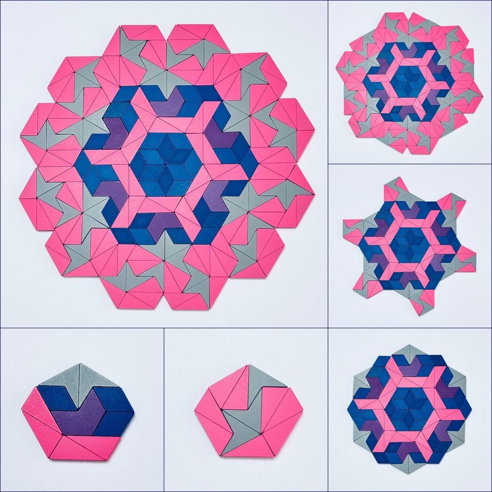 The main image in the upper left corner shows a radial design created with 21st Century Pattern Blocks. The design begins with six heptagons arranged around a central hexagon. Each heptagon uses the same block arrangement in the first layer. Surrounding this, a second layer consists of 12 additional heptagons, constructed using a different block arrangement. The first two images along the bottom show the two distinct heptagons used in the design. The first heptagon is made up of 1 purple hexagon, 2 gray darts, 3 blue rhombuses, and 4 pink triangles. The second heptagon is made up of 3 gray darts and 8 pink triangles. The three images on the right show the progression of the design.