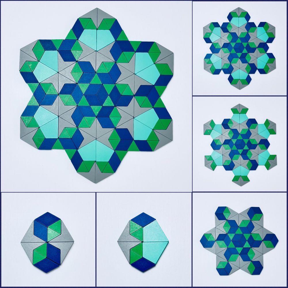 The main image in the upper left corner shows a radial design created with 21st Century Pattern Blocks. The design begins with six octagons arranged around a central star. Each octagon uses the same block arrangement in the first layer. Surrounding this, a second layer consists of 6 additional octagons, constructed using a different block arrangement. The first two images along the bottom show the two distinct octagons used in the design. The first octagon is made up of 4 green triangles, 4 blue rhombuses, and 4 gray darts. The second octagon is made up of 2 blue rhombuses, 2 gray darts, 2 teal kites, and 4 green triangles. The three images on the right show the progression of the design.