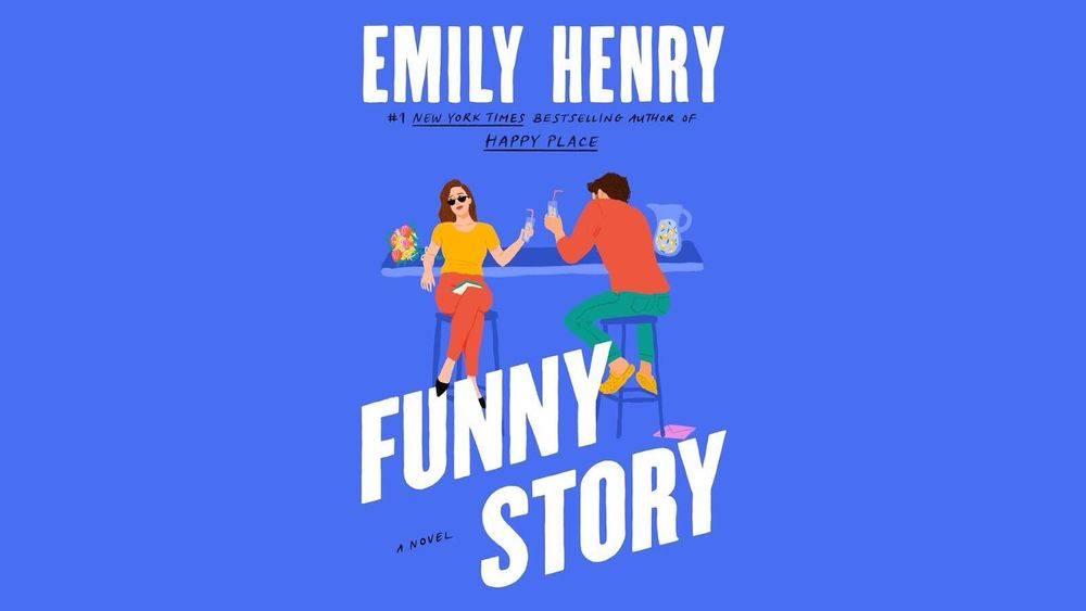 Emily Henry’s ‘Funny Book’ story cover. A minimalist drawn woman with brown hair, sunglasses, in a yellow shirt and orange pants is sitting on a bar stool, facing away from the bar. In her hands is a cocktail that she is clinking with the male love interest’s drink. The man is wearing an orange sweater, green pants and yellow crocs, facing the bar counter. 