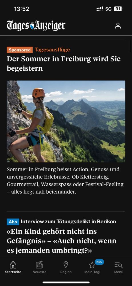 Screenshot der Werbeanzeige auf der Smartphone-App der Zeitung «Tages-Anzeiger»