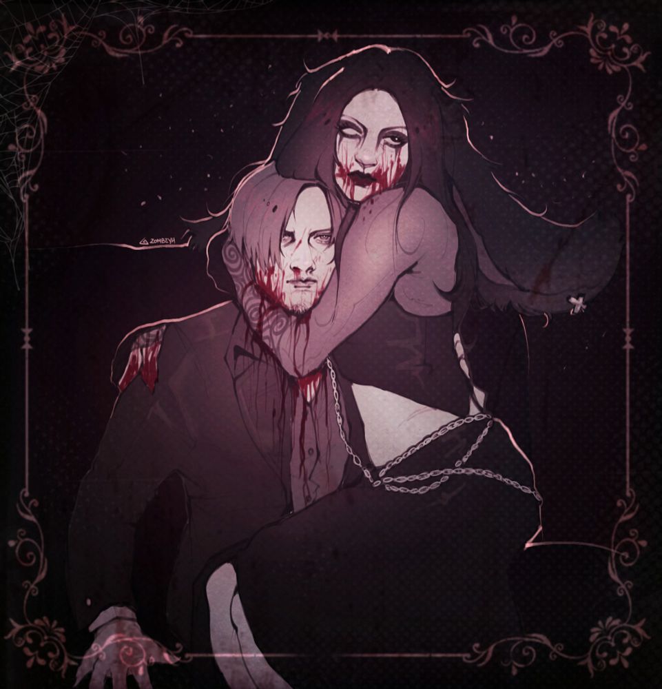 Half body art of a woman with bunny ears(sona) sitting on a man(Leon Kennedy)'s lap while her arm wraps around his bloodied neck. There are blood splatters on her mouth and hands.