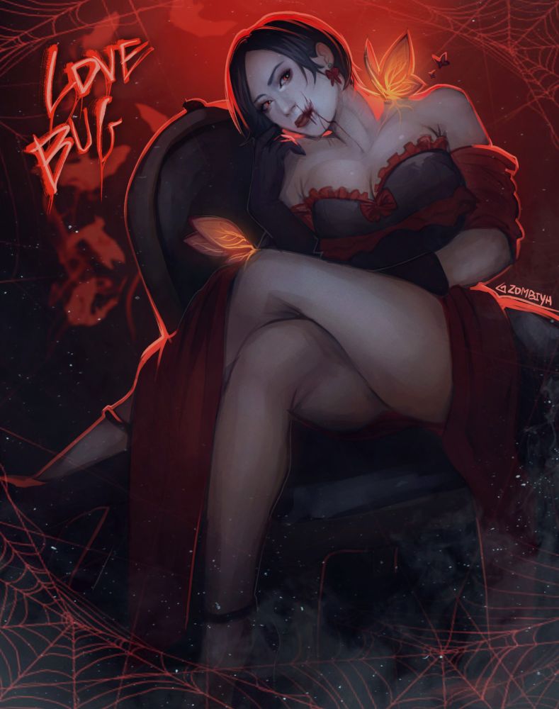 Digital illustration of Ada wong from resident evil 4 remake as a romantic goth vampire, she is illuminated from behind with strong red lights and on her shoulder and knee are glowing orange butterflies. she is sat down on a charcoal black throne with one of her legs crossed