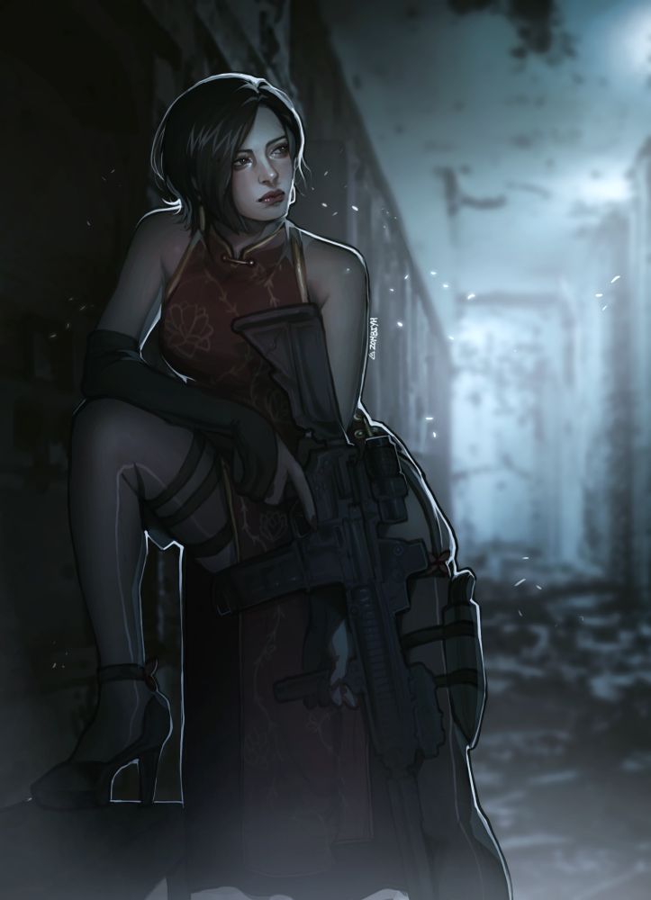 Digital Art of Ada Wong from Resident Evil 4 remake standing in an abandoned rundown hallway, she's wearing a red qipao with golden accents, in her hands is a rifle pointed downwards.