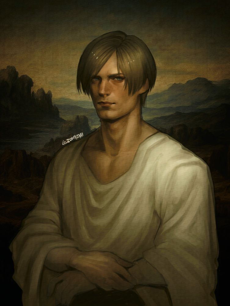 Digital portrait of Leon Kennedy from resident evil 4 remake painted as the iconic Mona Lisa painting