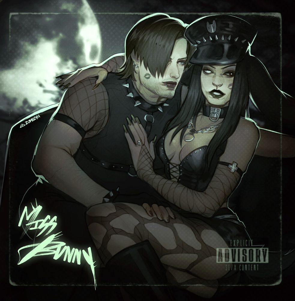 Digital illustration of Leon Kennedy from re6 sitting next to Penni (zombiyh's sona) , the text below reads as "Miss Bunny"
