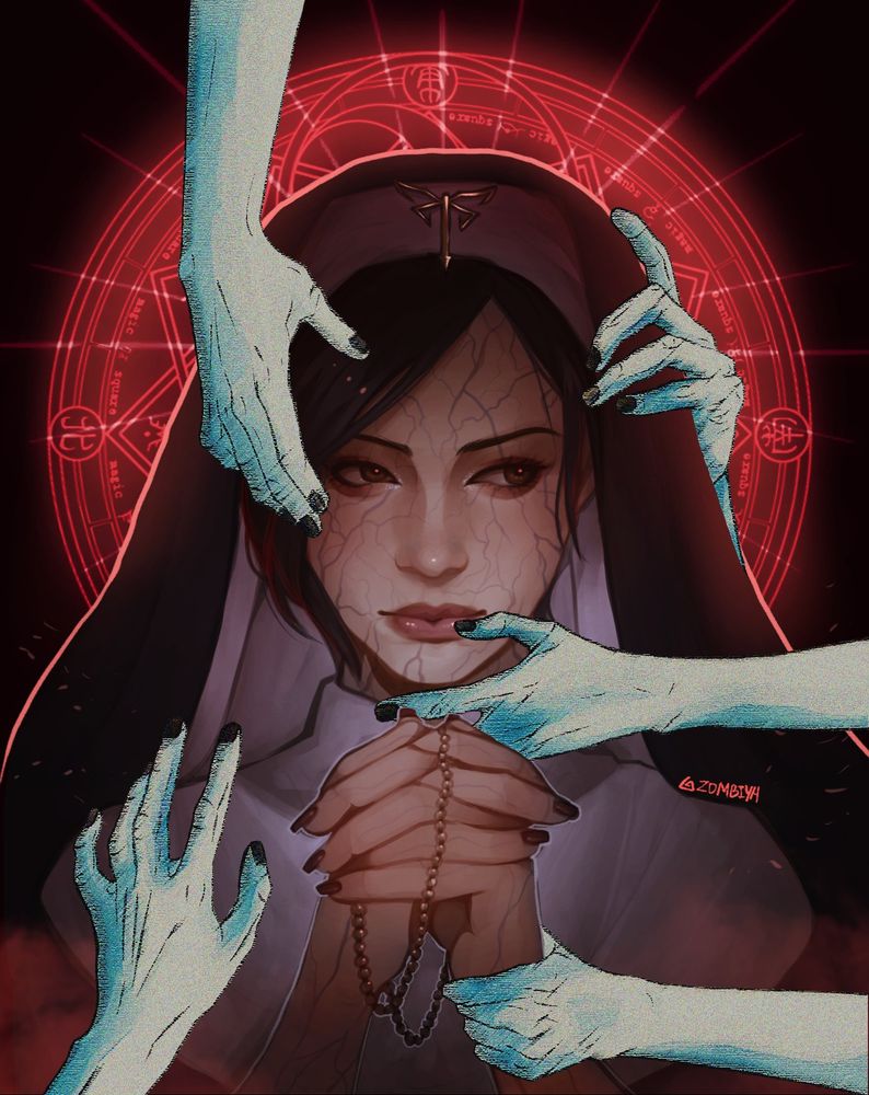 Digital portrait of ada wong from resident evil 4 remake as a nun, she's infected with las plagas and Claire's hands surround her 