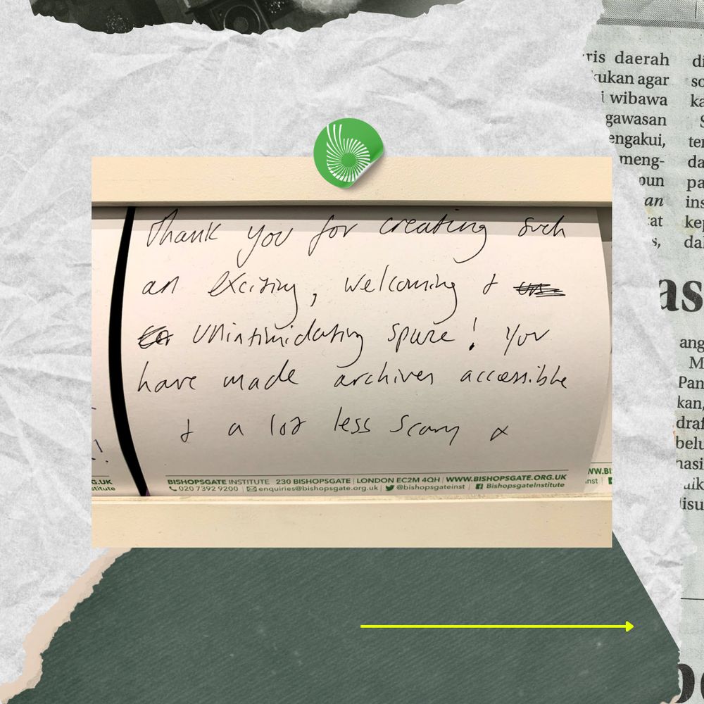 Handwritten note expressing admiration for the LGBTQ+ archives and display at Bishopsgate Institute.