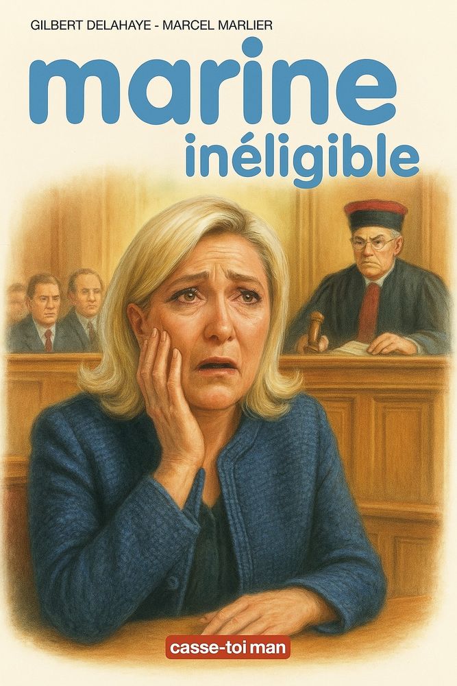 Une couverture de livre "Marine inéligible" représentant Marine Le Pen apprenant le verdict, dans le style des Aventures de Martine. Éditions Casse-toi man