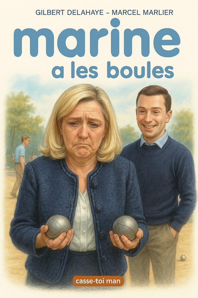 Une couverture de livre "Marine a les boules" représentant Marine Le Pen qui tient des boules de pétanque, Jordan Bardella dans le fond, dans le style des Aventures de Martine. Éditions Casse-toi man