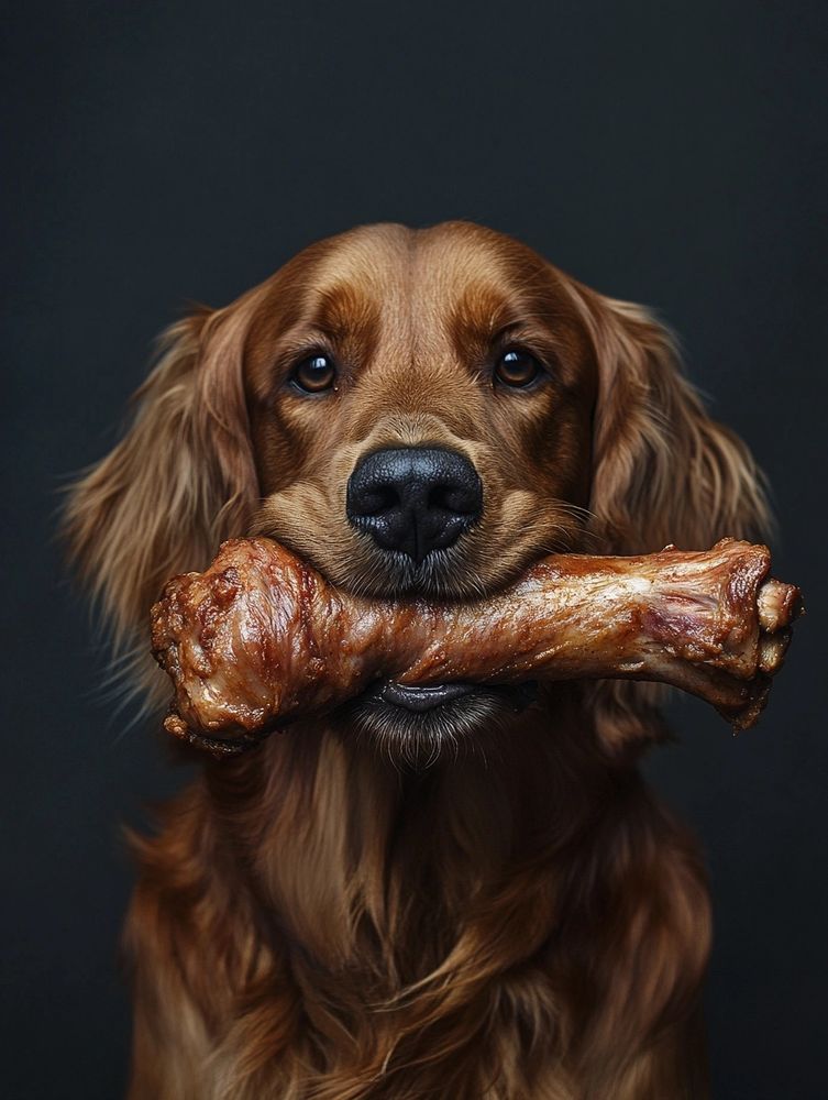 Setter irlandais tenant un gigot dans sa gueule
