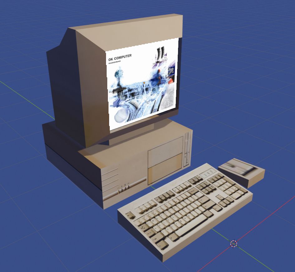 A 3D computer made in Blender featuring the Ok Computer album cover as the screen saver