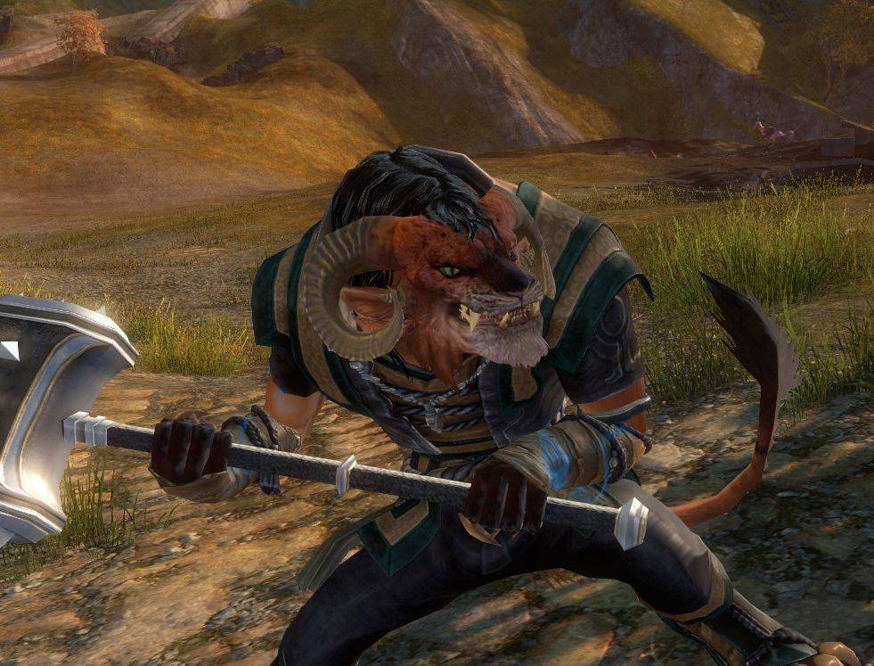 My male charr revenant character holding a two-handed hammer.