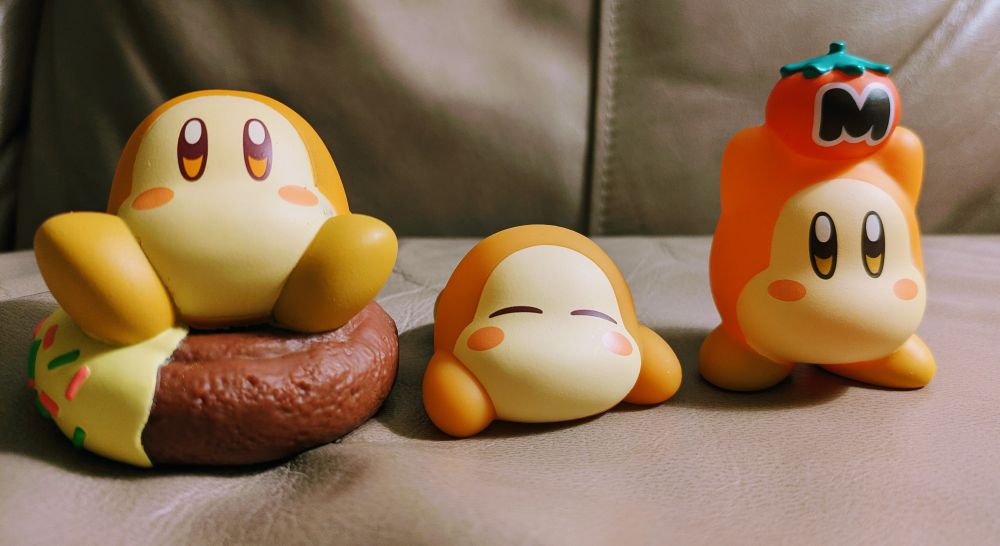 Three Waddle Dee figures - Donut Waddle Dee, Sleepy Waddle Dee, and Max Tomato Waffle Dee.