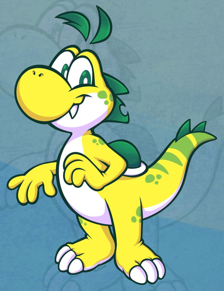 A yellow Yoshi with green eyes. They have green pointy spikes on the back of their head and on the tip of their tail, and lighter green spots and stripes on their cheeks, shoulders, legs, and tail. They have a sharp snaggletooth and two green floating "hair tufts" over their head.