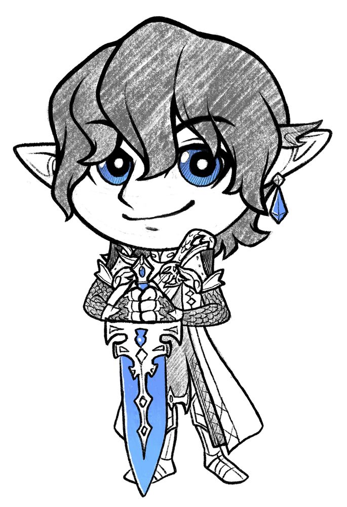 A work-in-progress sketch of chibi-styled Aymeric from Final Fantasy 14 holding his sword.