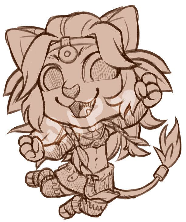 Sketch of a chibi version of Wuk Lamat from Final Fantasy 14.