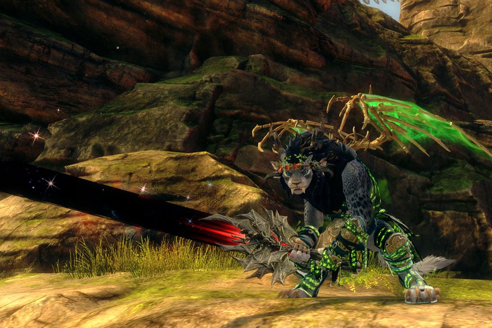 My Guild Wars 2 charr necromancer holding the legendary greatsword, Twilight.