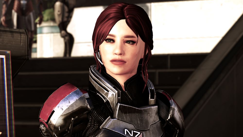 custom shepard with dark red hair and green eyes, smiling (mass effect 3)