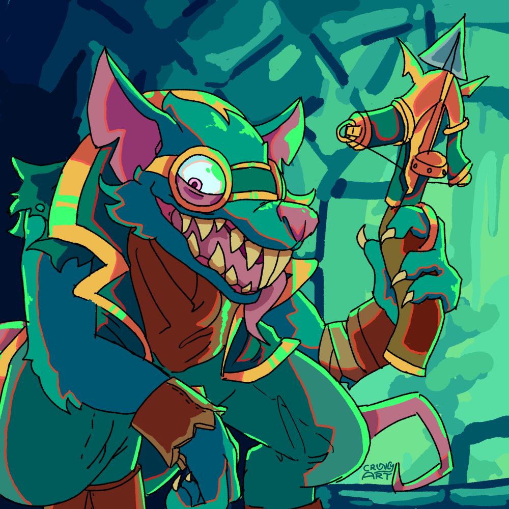 Fanart of Twitch from league of legends, he's crouched down in a sewer with his crossbow raised, grinning at the camera. There is a green rim light behind him.